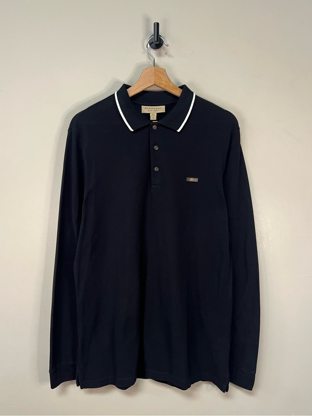 Burberry Black Long Sleeve Polo with White Trim